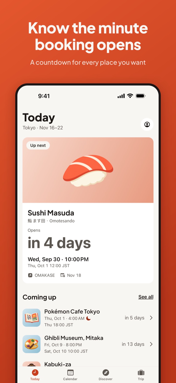 Today: Sushi Masuda’s booking opens in 4 days, shown in your time and Tokyo time.