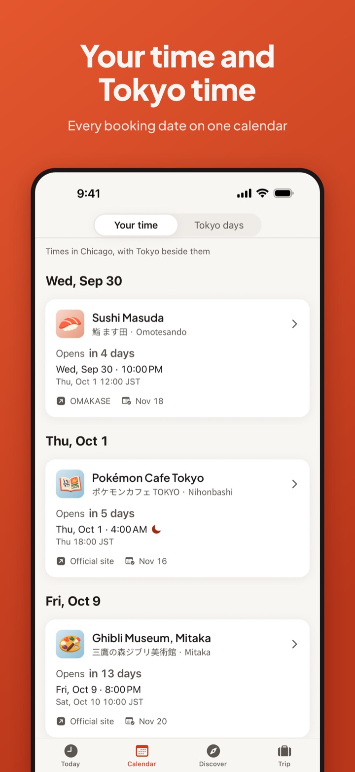 The booking calendar: each booking time in Chicago time, with the Tokyo time beside it.