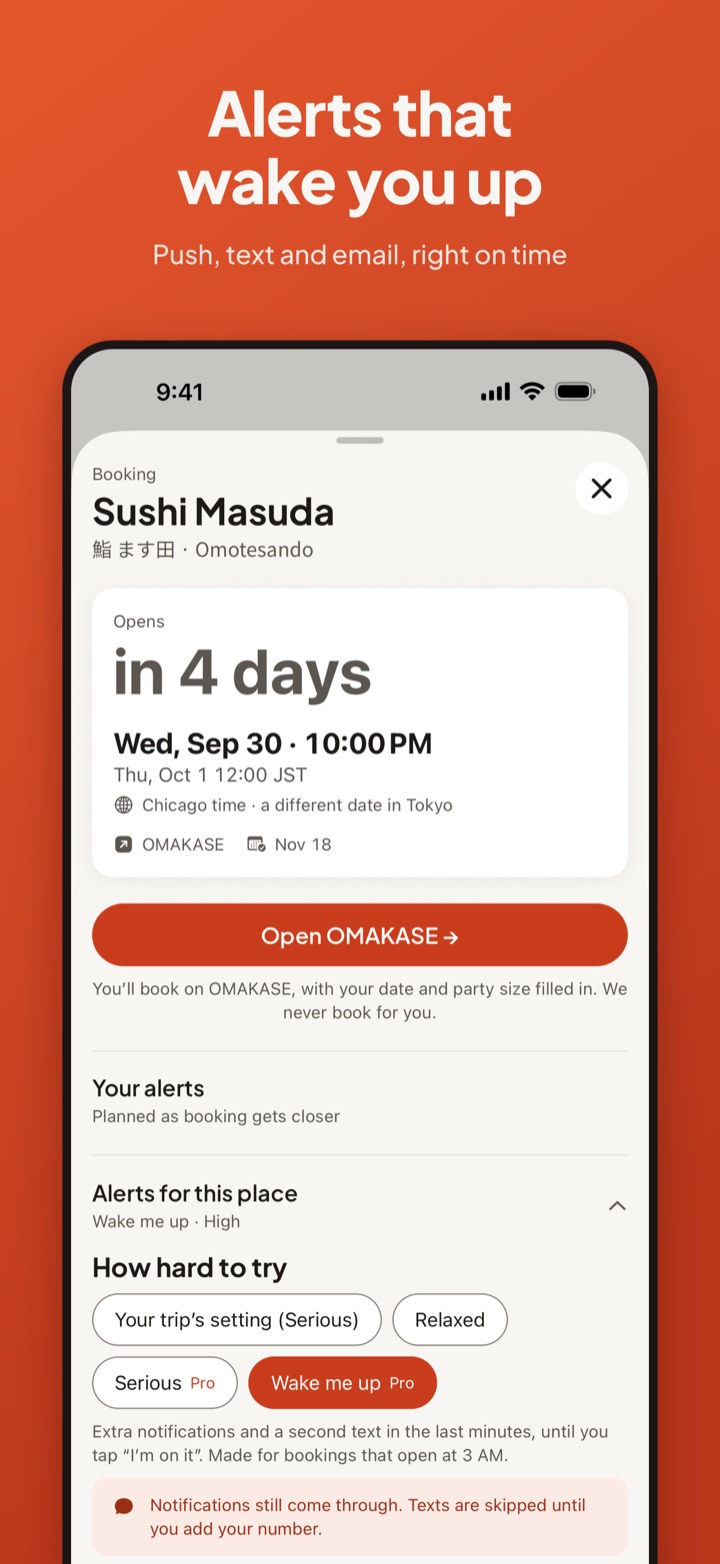 Sushi Masuda’s booking opens in 4 days, with the Open OMAKASE button and alert settings.